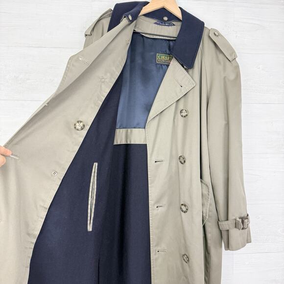 Vtg Chaps Ralph Lauren Men Size 40R Double Breasted Trench Coat Wool Lined Khaki - Picture 8 of 16